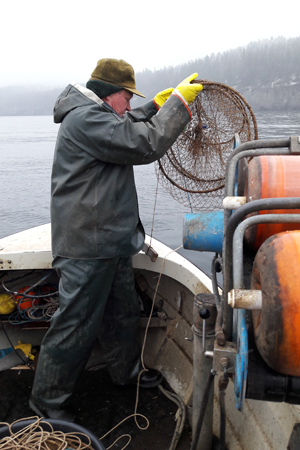 Jonny Ståhl kastar i fångstnät från en mindre fiskebåt.