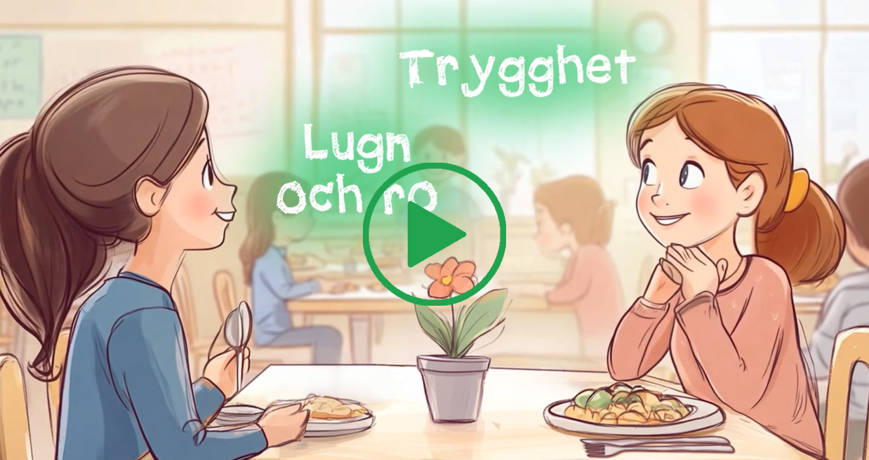 Stillbild från animerad film med barn och vuxen som äter