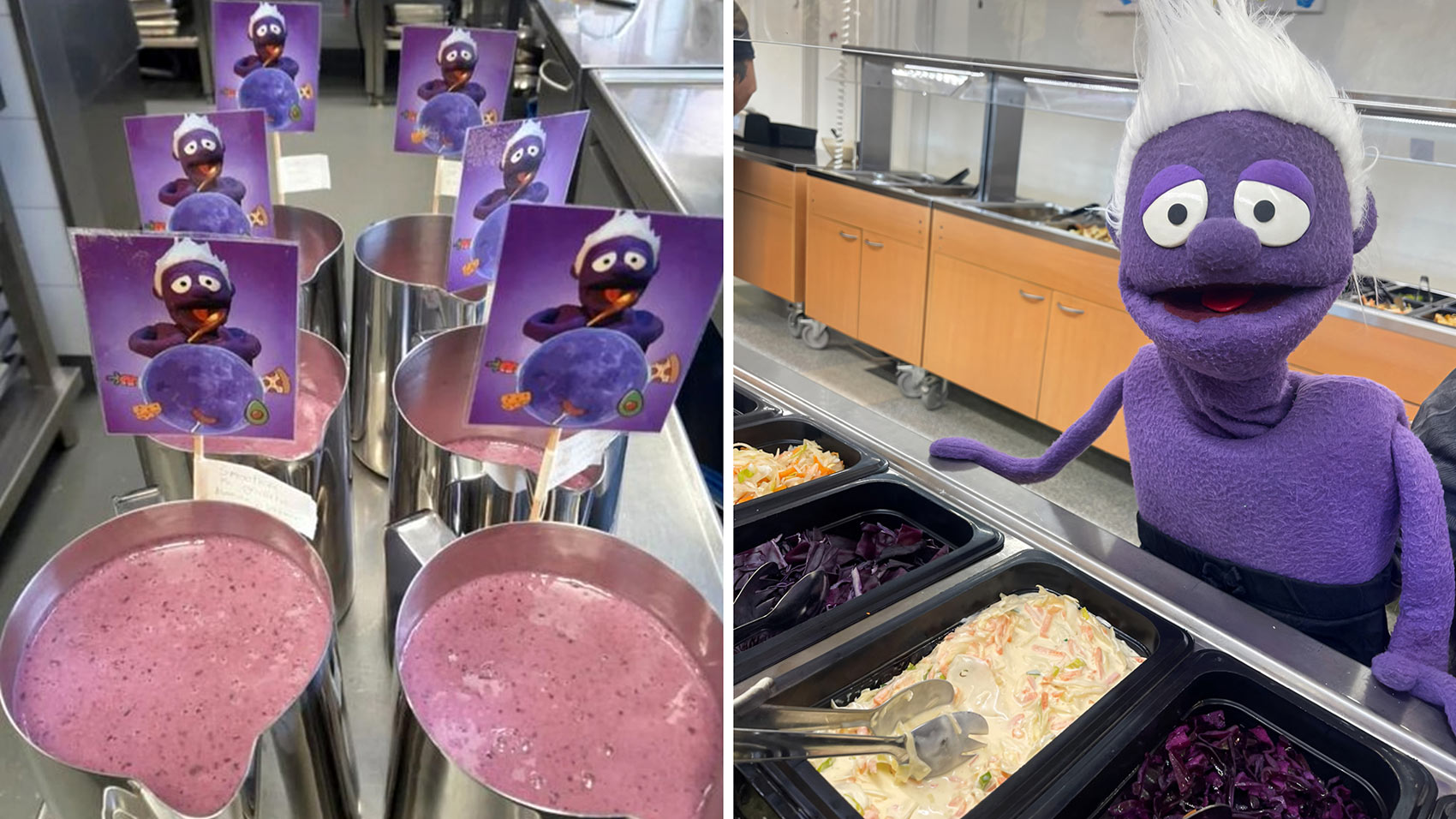 Smoothies och den lila tygdockan Smaskoten Smaskis vid salladbuffén