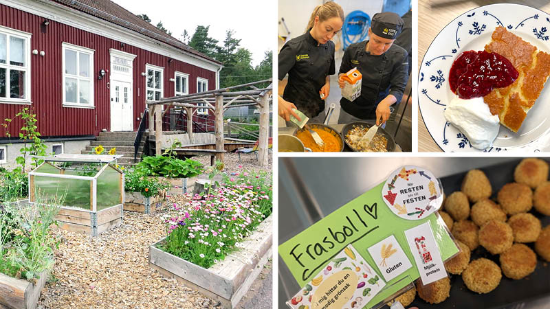 Kollage med skolodling, kockar som lagar mat, frasbollar och en efterrätt.