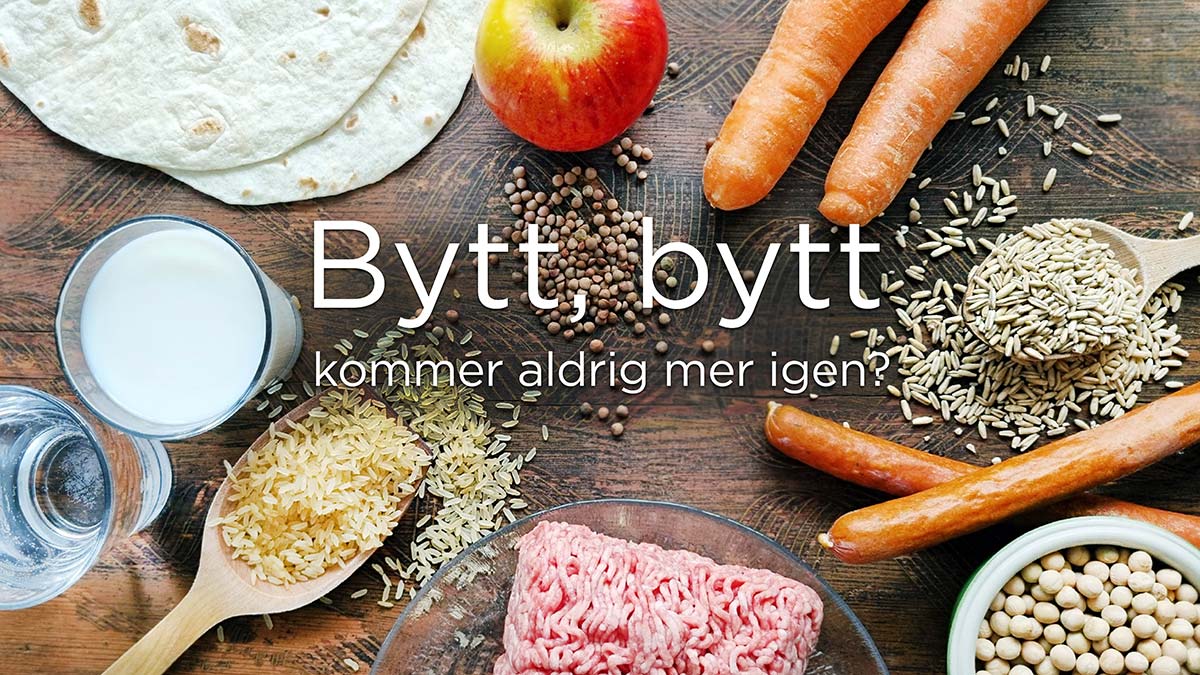 Olika livsmedel på ett bord, till exempel ris, havreris, köttfärs, gula linser, morötter och äpple