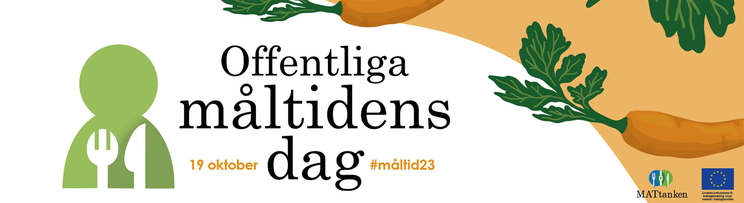 Banner med logotyp för Offentliga måltidens dag. I bakgrunden syns illustrationer av morötter.