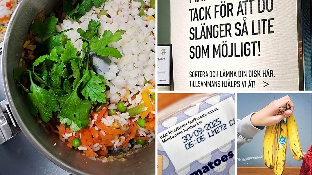 Kollage med bilder från diskinlämning, grönsaker i mixer, mogna bananer och produkt med bäst före-datum