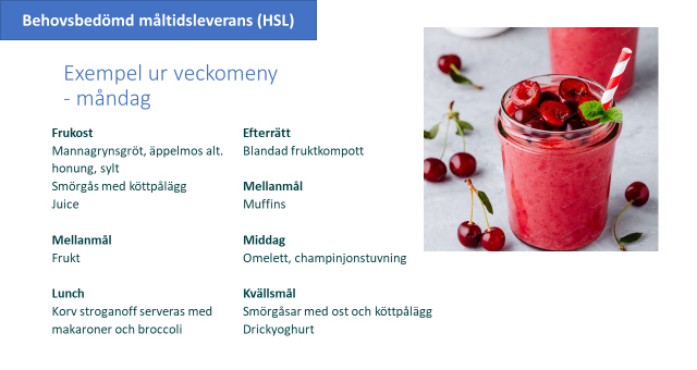 Exempel på veckomeny för måndag, med till exempel mannagrynsgröt till frukost och omelett till middag