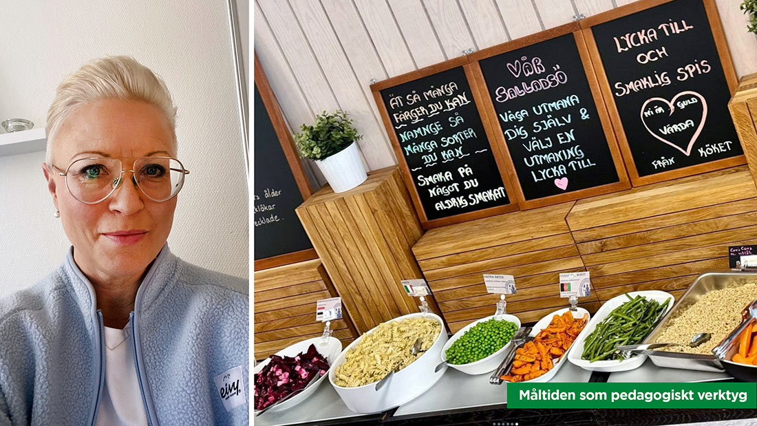 Kollage med rektor Madelene Carlström samt salladsbuffé