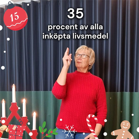 En lucka i julkalendern. Eva Sundberg. Grön bakgrund och illustrationer av bland annat julkula och pepparkaka. Texten: MATtankens julkalender