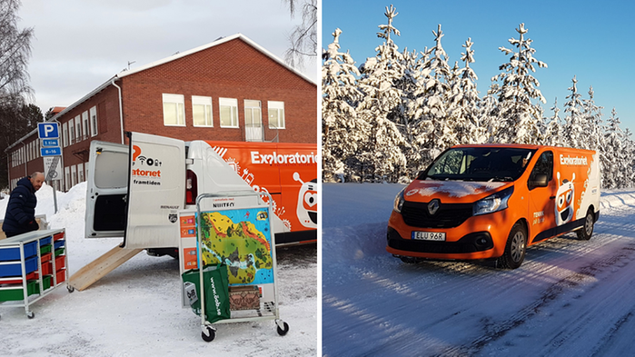 Orange skåpbil fylls med olika lärverktyg. 