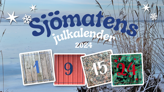 Collage med texten Sjömatens julkalender samt bilder på fyra luckor med siffror på.