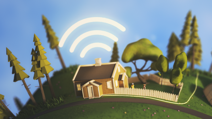 Gult hus längs landsväg med en sladd och symbol för Wifi över sig.
