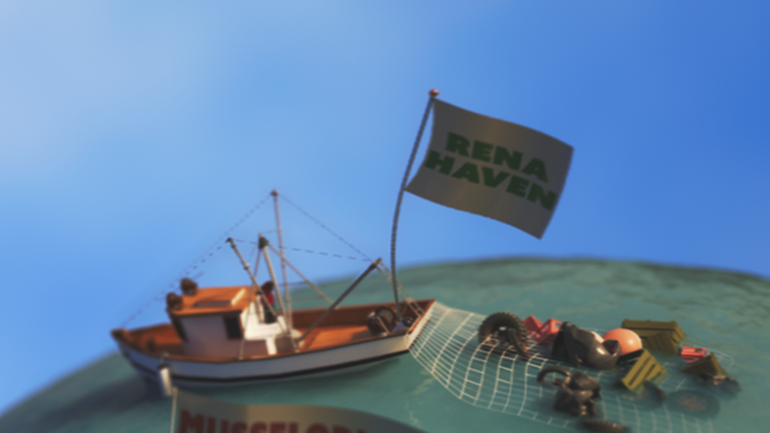 Båt som drar ett nät med uppplockade fiskeredskap. Ovanför syns en flagga med texten "Rena haven".