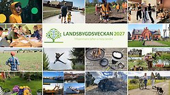 Collage med en mängd miniatyrbilder som symboliserar mångfalden av aktiviteter. I mitten loggan för Landsbygdsveckan.