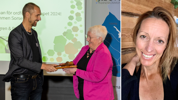 En kvinna ger en ordförandeklubba till en man. Porträtt på kvinna.