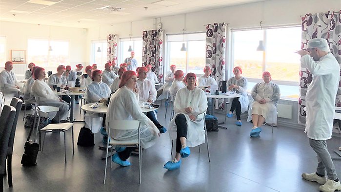 Personer sitter runt bord i en matsal, de är på studiebesök hos Orkla. En person står framför de andra och håller en presentation.