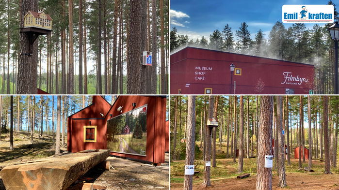 Fyra bilder från Filmbyn, röda träbyggnader och tallskog.