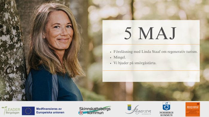 Porträttbild på föreläsaren plus loggor och datum 5 maj.