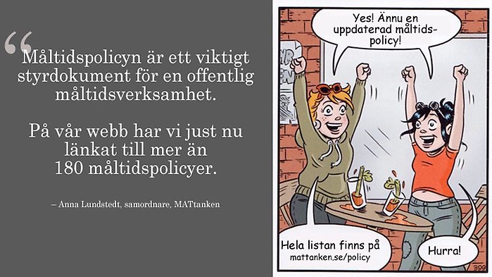 Bilden är ett montage av en grå bildplatta med text (se bildtext) och en sk. même. Det är en illustration med två kvinnor som sträcker ut armarna i luften. De säger: Yes! Ännu en uppdaterad måltidspolicy.