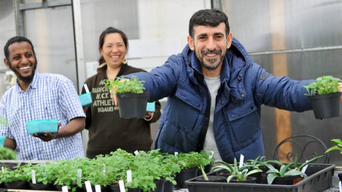 Tre trädgårdsmästare under utbildning står bland plantor som odlas i ett växthus