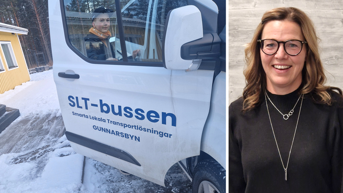 Kille går in i skolbuss. Porträttbild på Jenny Engström.