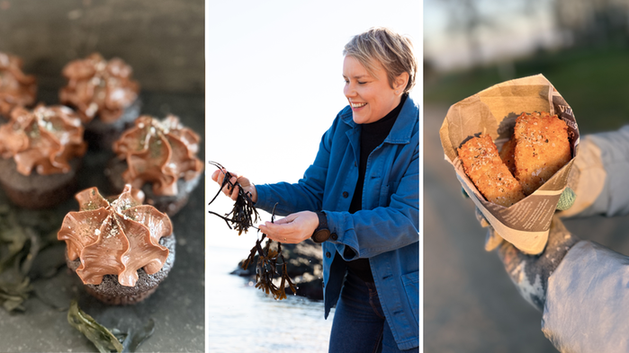 Kanapeer och snabbmat gjort på tång. I mitten syns en kvinna som skördar tång vid havet.