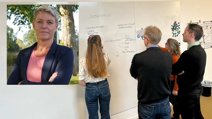 Kursdeltagare står framför en white board och diskuterar. Inklippt i bilden är ett foto av Jennie Cederholm Björklund