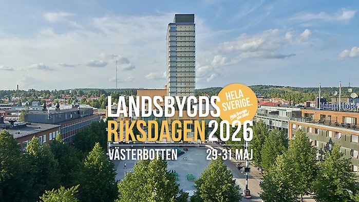 Sara kulturhus i Skellefteå. Logga för Landsbygdsriksdagen ovanpå fotot.