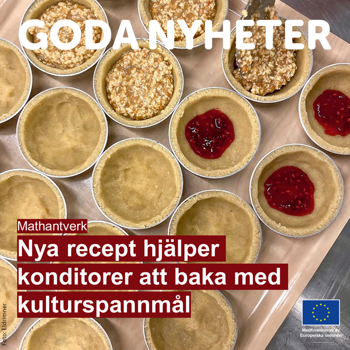 Bild på hallongrottor. Text: Goda Nyheter: Nya recept hjälper konditorer att baka med kulturspannmål