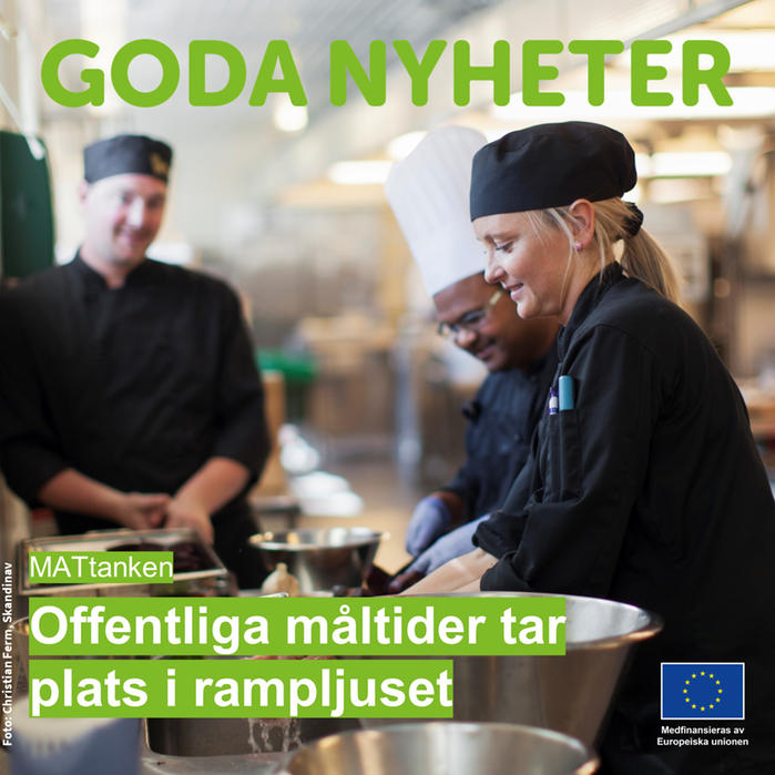 Skolmatspersonal i ett storkök. Goda nyheter. Offentliga måltider tar plats i rampljuset.