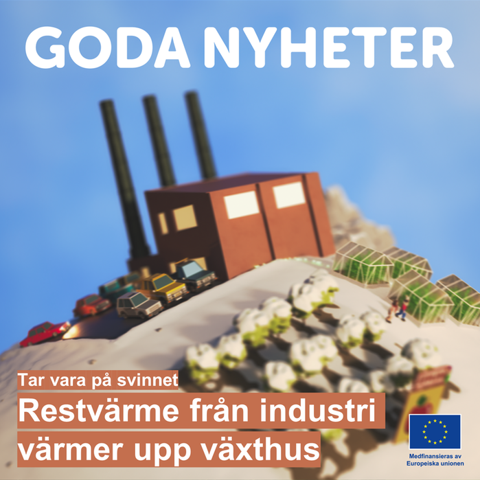 Industribyggnad i vinterlandskap som ger värme åt växthus.