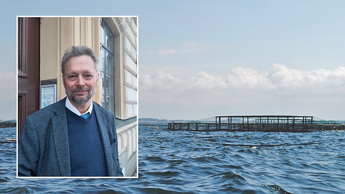 Collage med två bilder; porträttbild på Anders Kiessling ovanpå miljöbild med vattenbruk till havs.