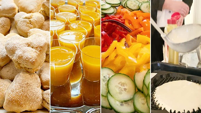 Montage av fyra bilder från ett frukostbord: hjärtformade bröd, juiceglas på en bricka, uppskurna grönsaker, någon gräddar våfflor.