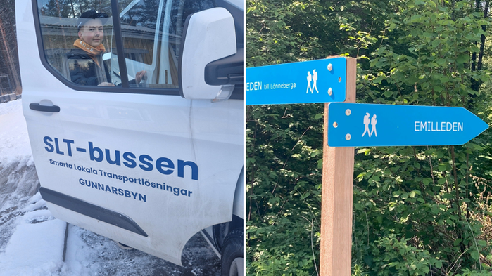 Kollage. Pojke går på en skolbuss. Skyltar till vandringsled.